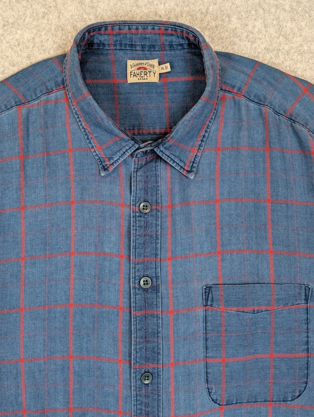 Faherty Button Shirt Men's XL Blue Red Windowpane Check Plaid Cotton Stretch